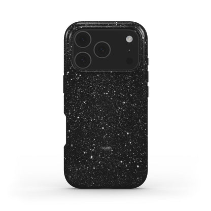 Trendy feminine black phone case with white sparkle pattern, creating a beautiful and popular midnight starry aesthetic.