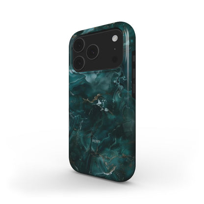 Trendy phone case featuring a green marble quartz pattern with elegant swirls and a sleek, feminine design for a stylish, modern look.