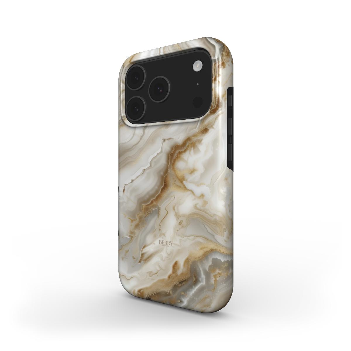 Phone case featuring a beige, brun, flerfarvet, and gold marble quartz pattern with a trendy and feminine aesthetic.