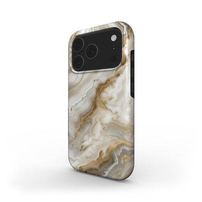 Phone case featuring a beige, brun, flerfarvet, and gold marble quartz pattern with a trendy and feminine aesthetic.