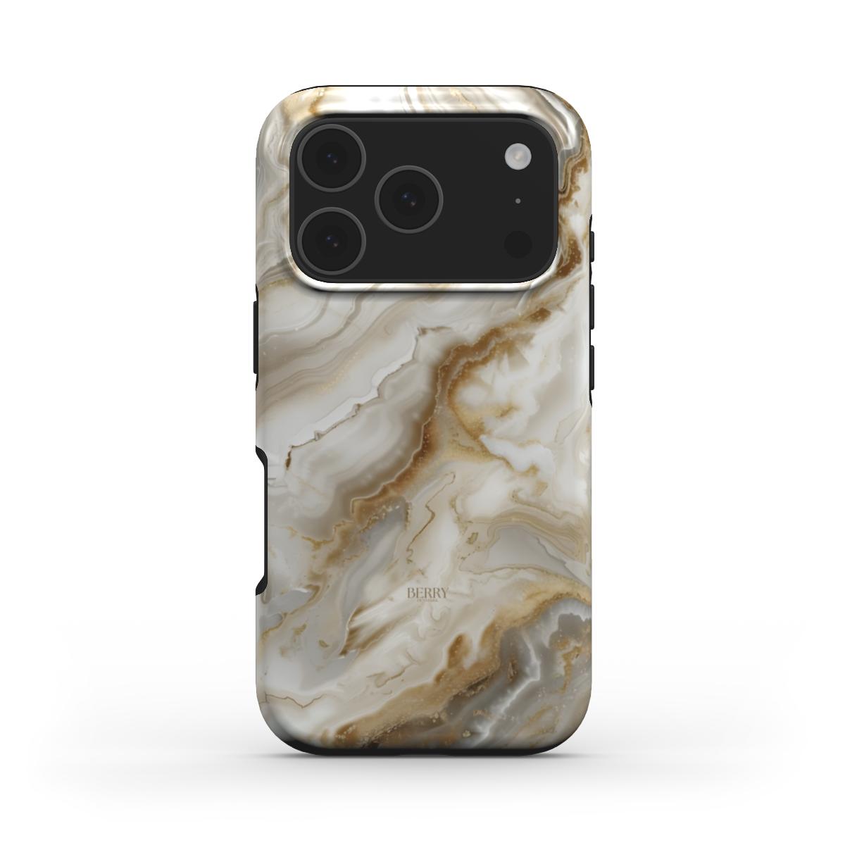 Beige and gold marbled quartz patterned phone case with a trendy, feminine aesthetic and elegant, multicolored swirls for a stylish, popular look.