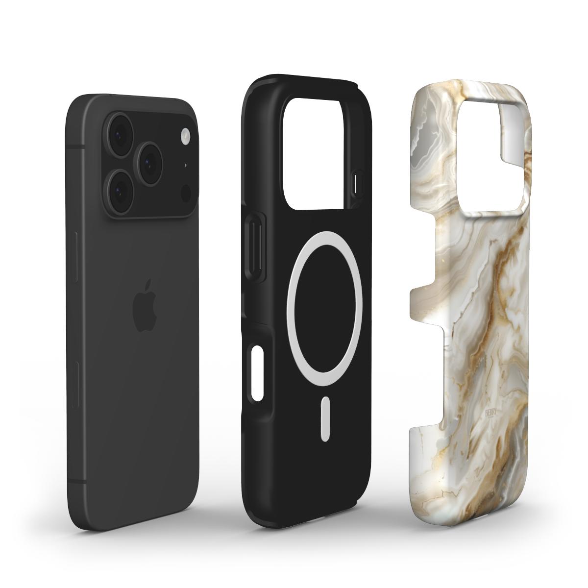Phone case with a beige, gold, and multicolored marble quartz pattern beside a sleek black smartphone and a black magnetic charging-compatible case.