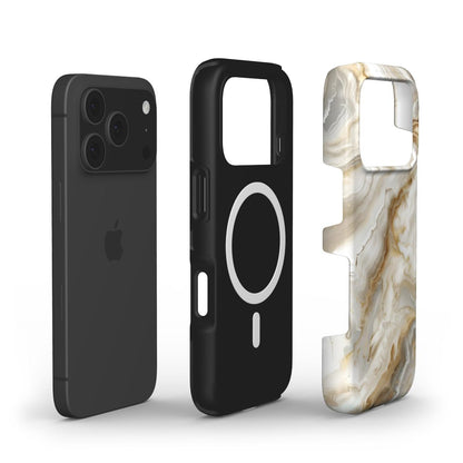 Phone case with a beige, gold, and multicolored marble quartz pattern beside a sleek black smartphone and a black magnetic charging-compatible case.