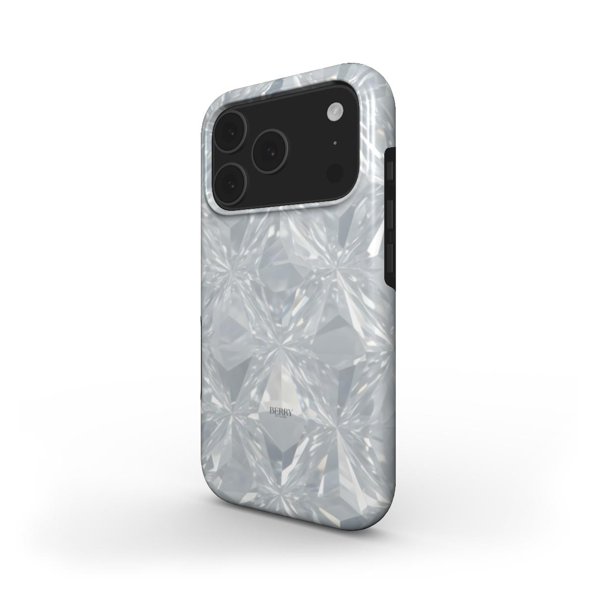 Trendy phone case with a shiny silver and white multifaceted pattern, featuring a modern, feminine, and beautifully stylish design perfect for that girl aesthetic.