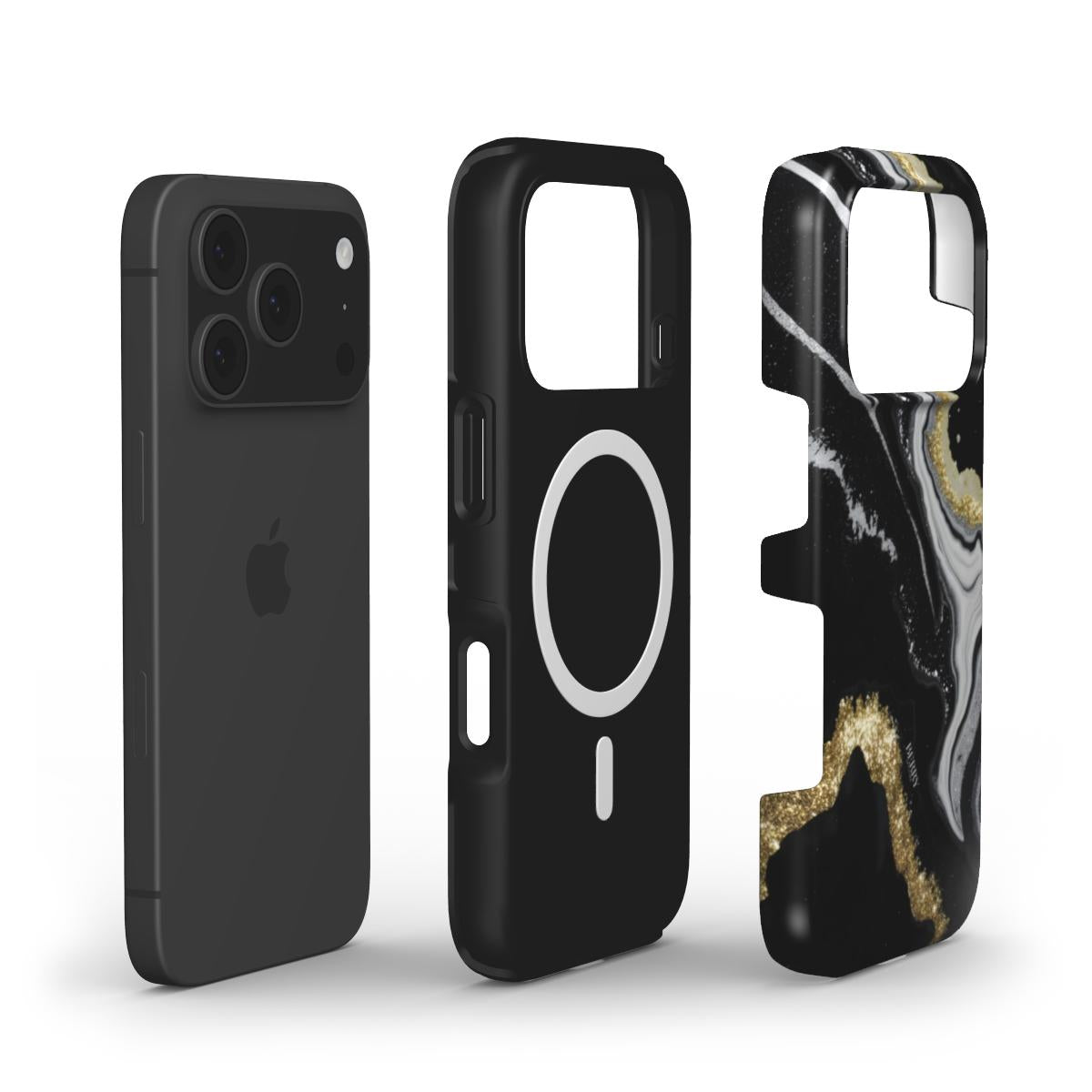 Trendy phone case featuring a sleek black base with gold and multicolored abstract patterns, combining aesthetic and feminine style with modern protection.