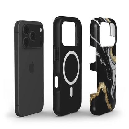 Trendy phone case featuring a sleek black base with gold and multicolored abstract patterns, combining aesthetic and feminine style with modern protection.