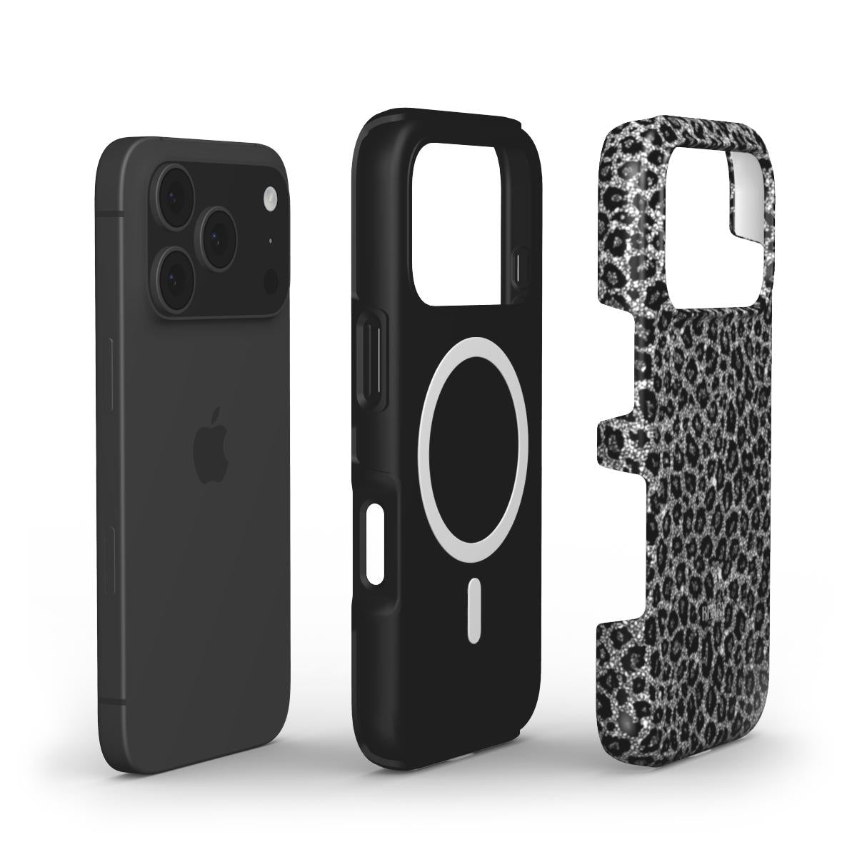 Trendy phone case with silver and grey leopard pattern, featuring a sleek MagSafe compatible black inner layer for stylish feminine protection.