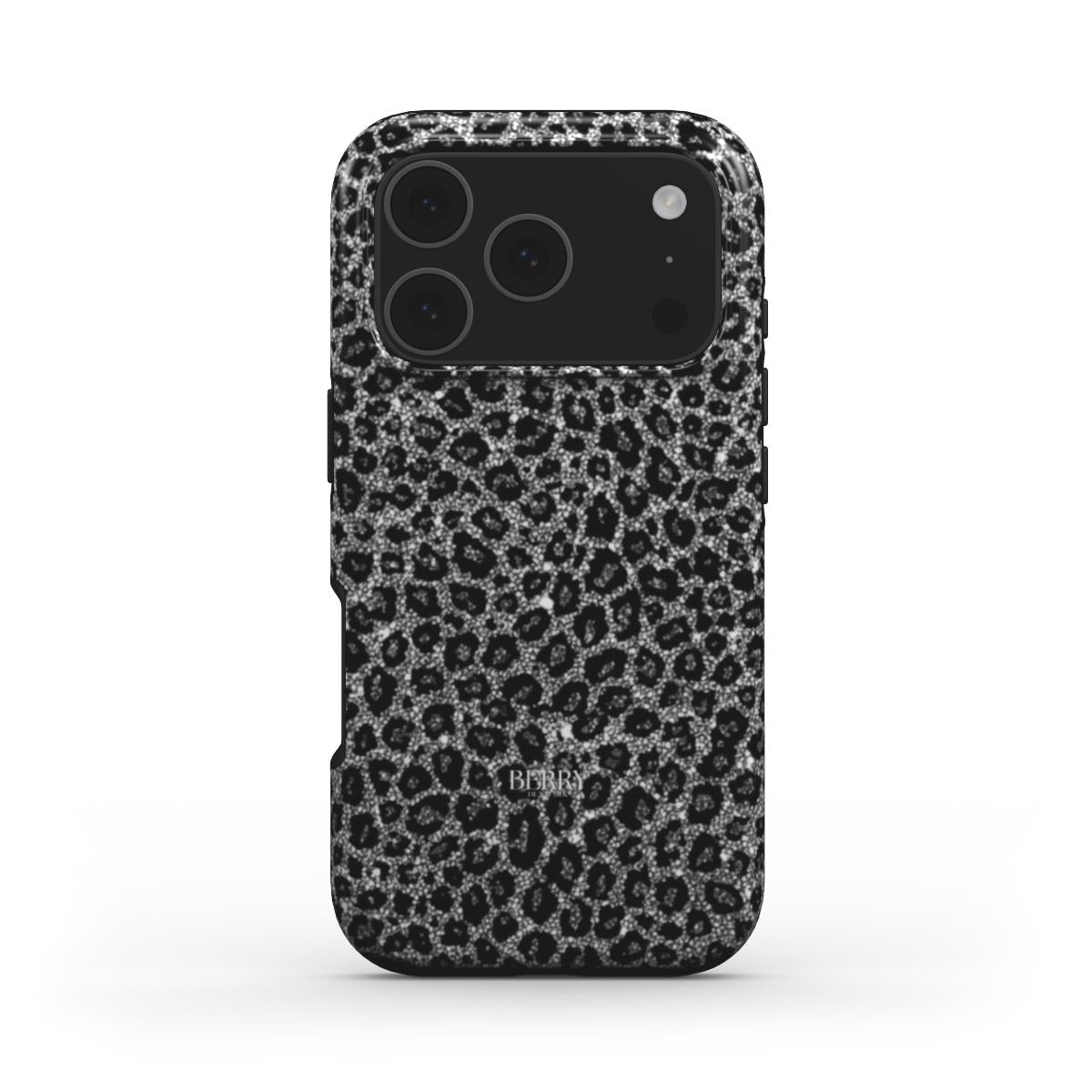 Trendy phone case with a sparkling gray, silver, white, and multicolored leopard pattern, combining feminine charm and stylish appeal.