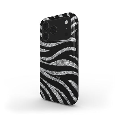 Trendy phone case with a silver, gray, black, multicolored, and white glittery zebra pattern, creating a chic and feminine aesthetic.