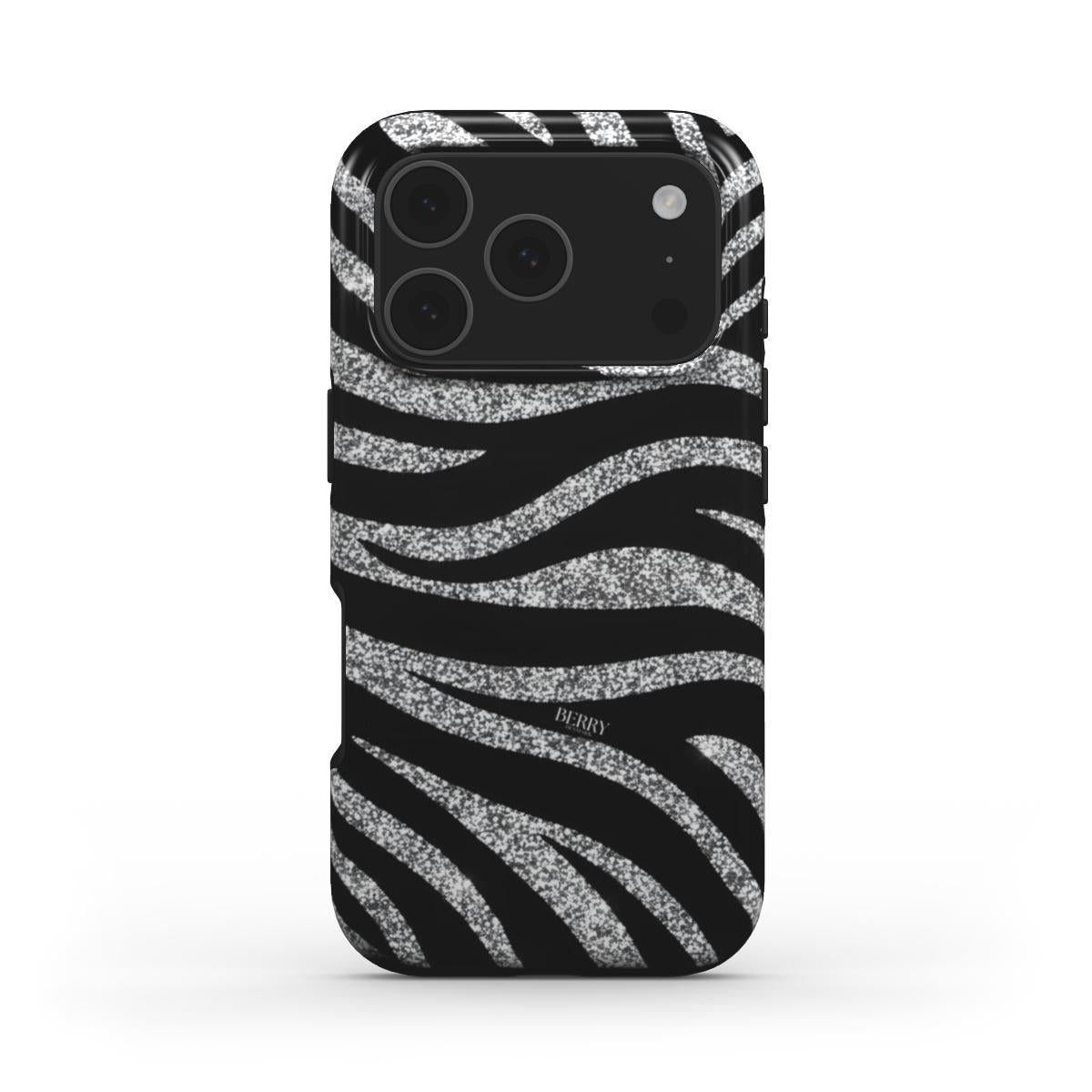 Trendy phone case with a feminine silver and black zebra pattern blending multi-colored glitter stripes for a beautiful, stylish look.