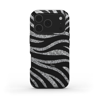 Trendy phone case with a feminine silver and black zebra pattern blending multi-colored glitter stripes for a beautiful, stylish look.