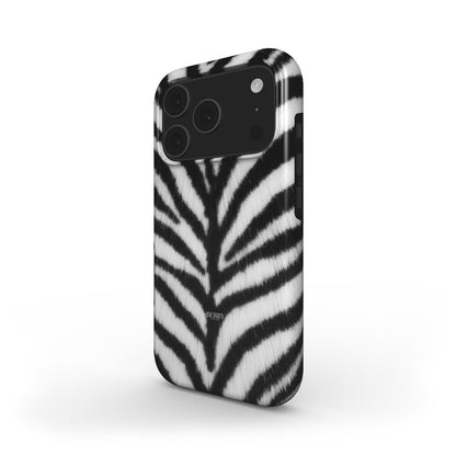 Trendy phone case featuring a stylish black and white zebra pattern with a sleek and feminine design perfect for that girl aesthetic.