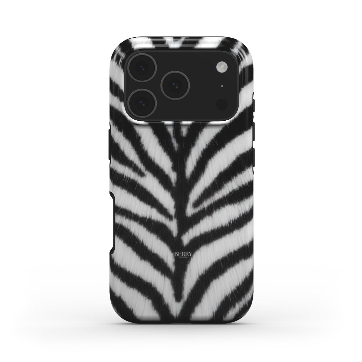 Trendy and feminine phone case featuring a stylish black and white zebra pattern with a sleek, popular aesthetic and soft fur texture.