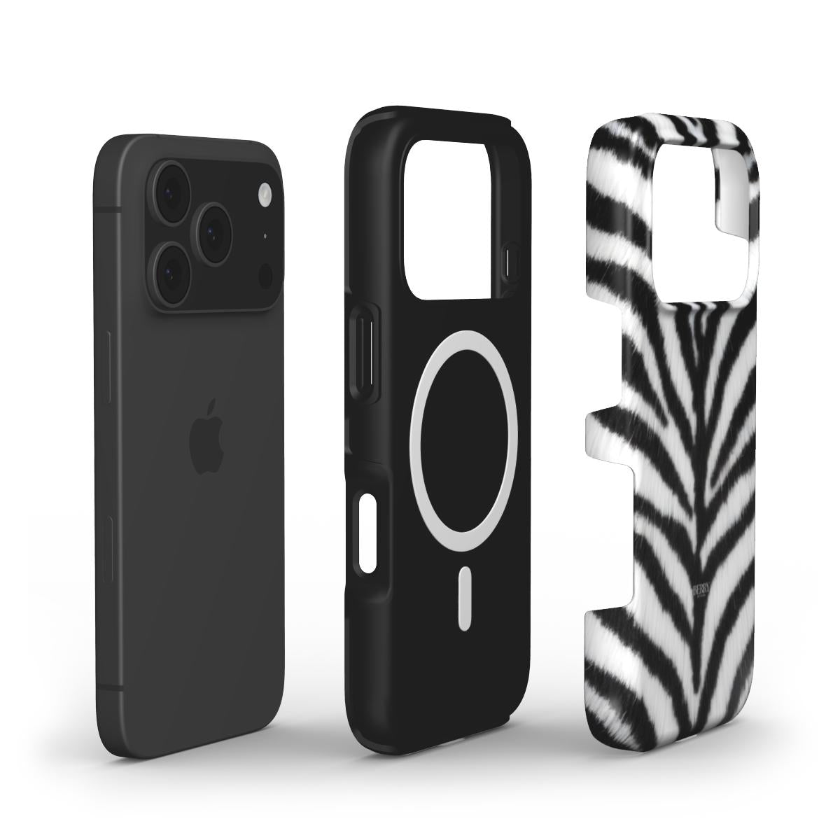 Black phone case with MagSafe compatibility next to a stylish zebra-patterned protective cover featuring a trendy black and white stripe design.