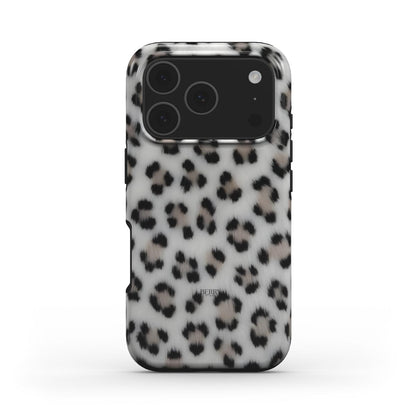 Trendy phone case with a soft, fluffy leopard pattern in silver, gray, black, white, and multicolor, radiating a chic and feminine aesthetic.