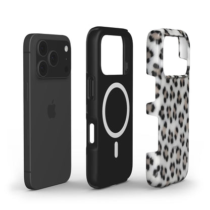 Trendy phone case set featuring a sleek black magnetic layer and a feminine silver, gray, black, and white multicolored leopard pattern shell for stylish protection.