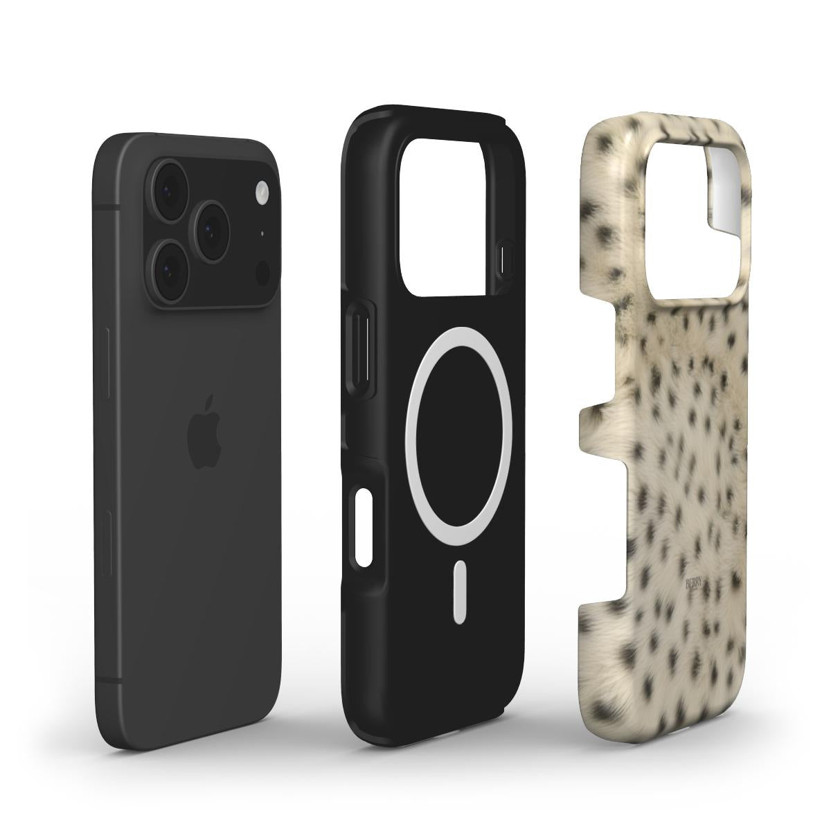 Black phone paired with a sleek black MagSafe case and a trendy fluffy cheetah patterned case in gold, bronze, brown, beige, multicolor, and black tones.