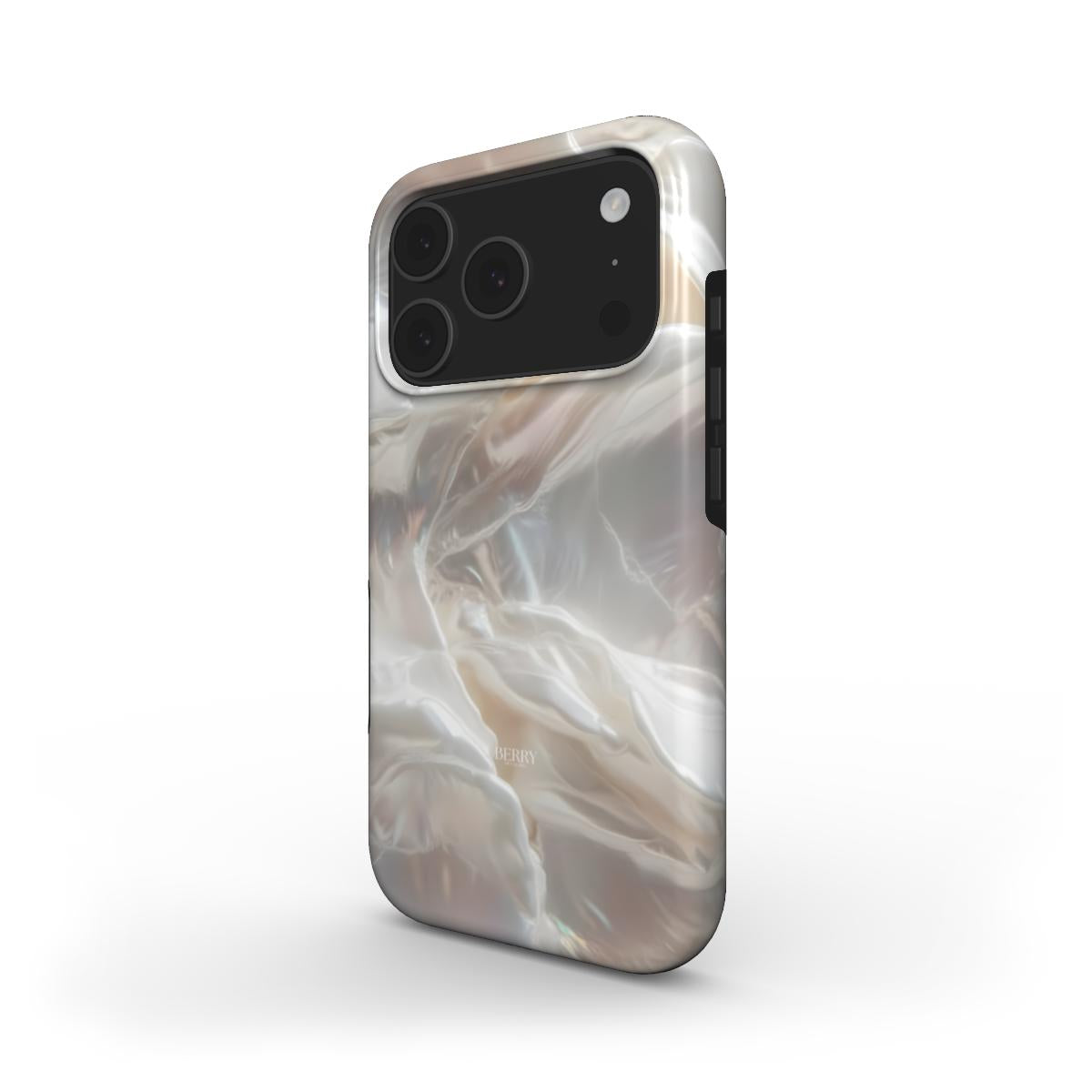 Trendy phone case with a beige, white, and multicolored flowing marble pattern offering a feminine and elegant aesthetic appeal.