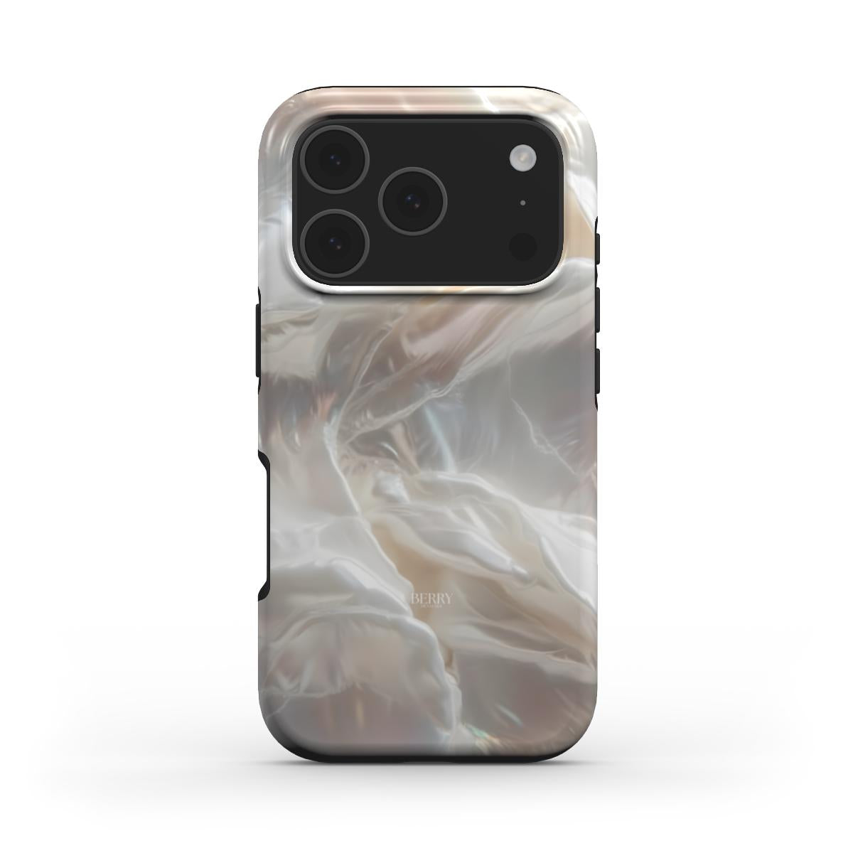 Phone case with a beige, white, and multicolored flowing silky texture design, offering a trendy and feminine aesthetic for a stylish look.
