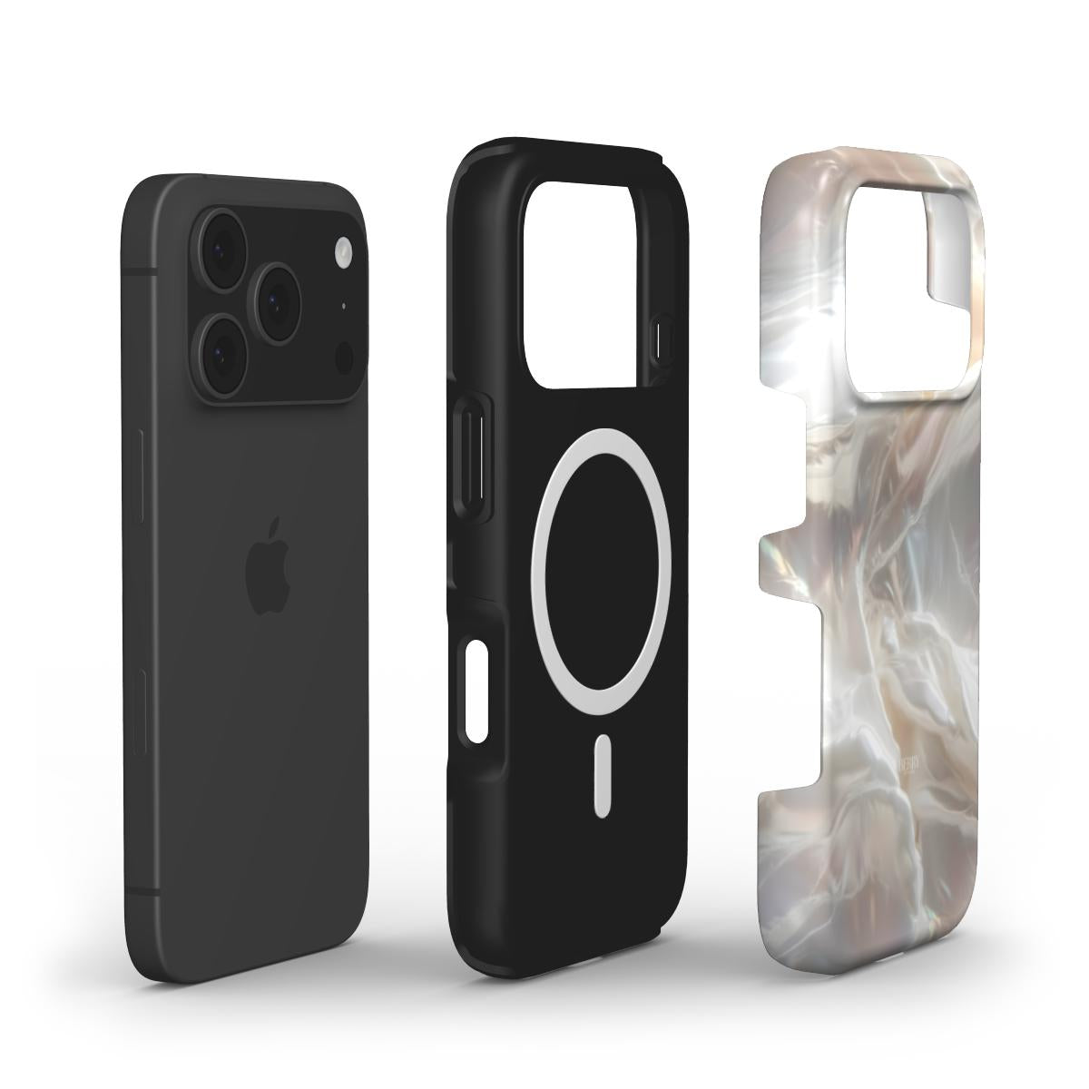 Black phone case with magnetic ring and elegant beige, white, and multicolored marbled phone case showcasing a trendy and feminine design.