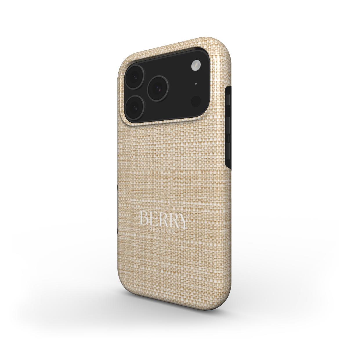 Trendy beige textured phone case with a stylish woven pattern, designed to add a feminine and beautiful touch to your device.
