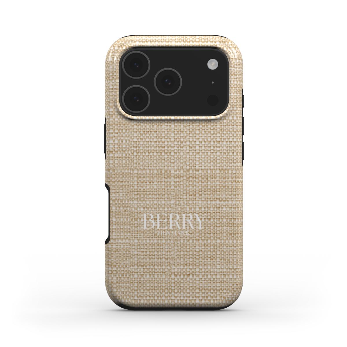Beige textured phone case with a minimalist woven pattern, offering a trendy and feminine look inspired by Bali's aesthetic.