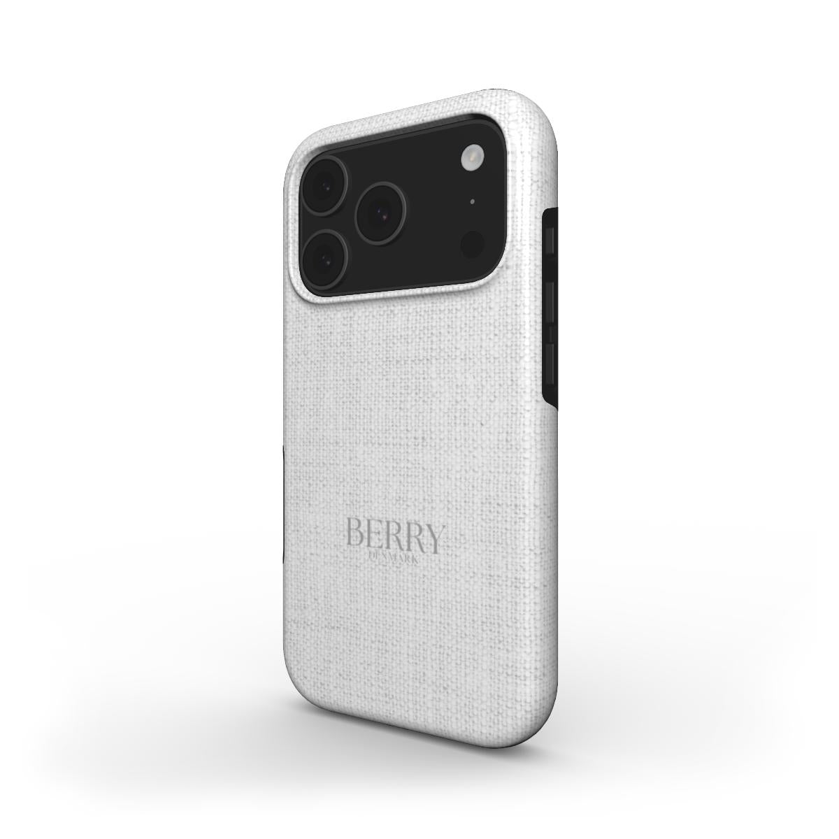 Trendy feminine phone case in white fabric texture with subtle gray accents, offering a stylish and beautiful protective accessory for that girl aesthetic.