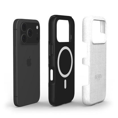 Two Aspen phone case halves in Hvid and Gråt colors with a black phone positioned beside them on a white background, showcasing a trendy feminine design.
