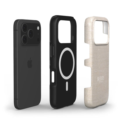 Trendy beige textured phone case with a sleek black magnetic insert, designed for a stylish and feminine look with a popular aesthetic.