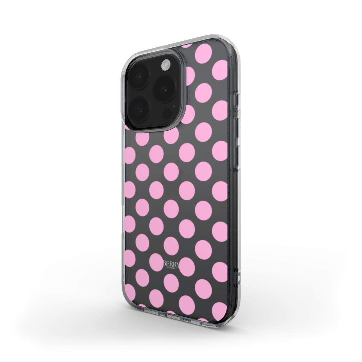 Trendy feminine phone case with clear design featuring bold pink hot dot pattern, combining aesthetic and girly style for a beautiful, popular look.