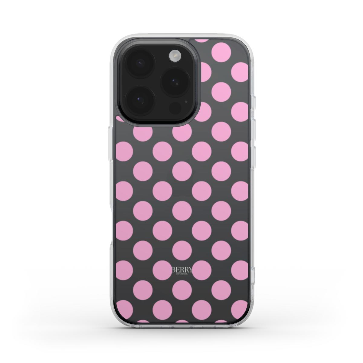 Trendy feminine phone case with clear design and pink hot dot pattern, blending stylish and girly aesthetics for a popular look.