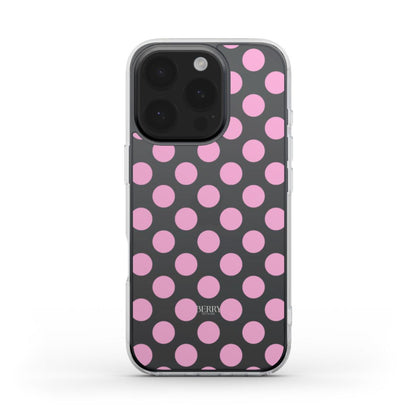 Trendy feminine phone case with clear design and pink hot dot pattern, blending stylish and girly aesthetics for a popular look.