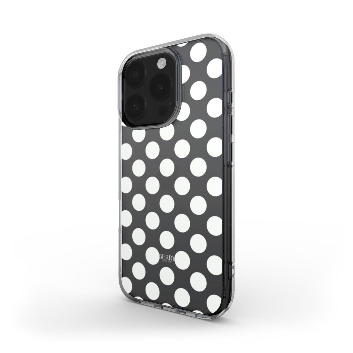Trendy clear phone case with a classy white dot pattern on a transparent background, combining elegance and playful feminine style.