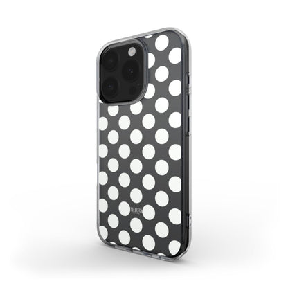 Trendy clear phone case with a classy white dot pattern on a transparent background, combining elegance and playful feminine style.
