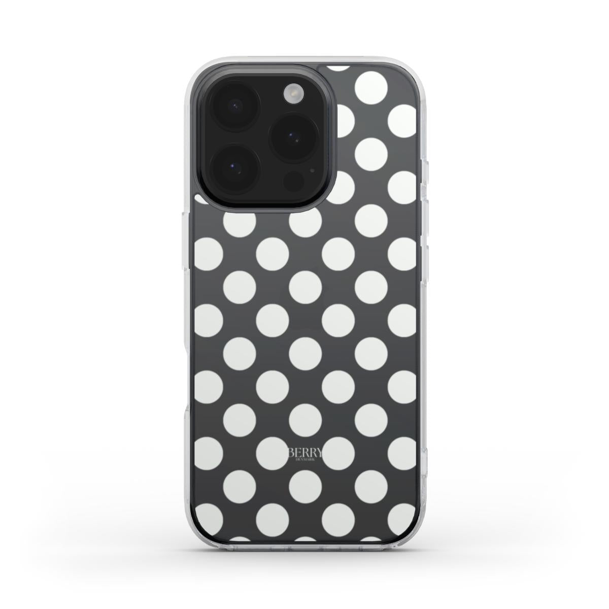 Trendy clear phone case with a stylish white dot pattern on a sleek black background, offering a chic and feminine aesthetic for everyday use.