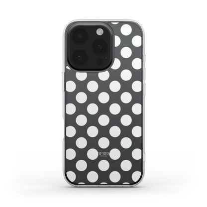 Trendy clear phone case with a stylish white dot pattern on a sleek black background, offering a chic and feminine aesthetic for everyday use.