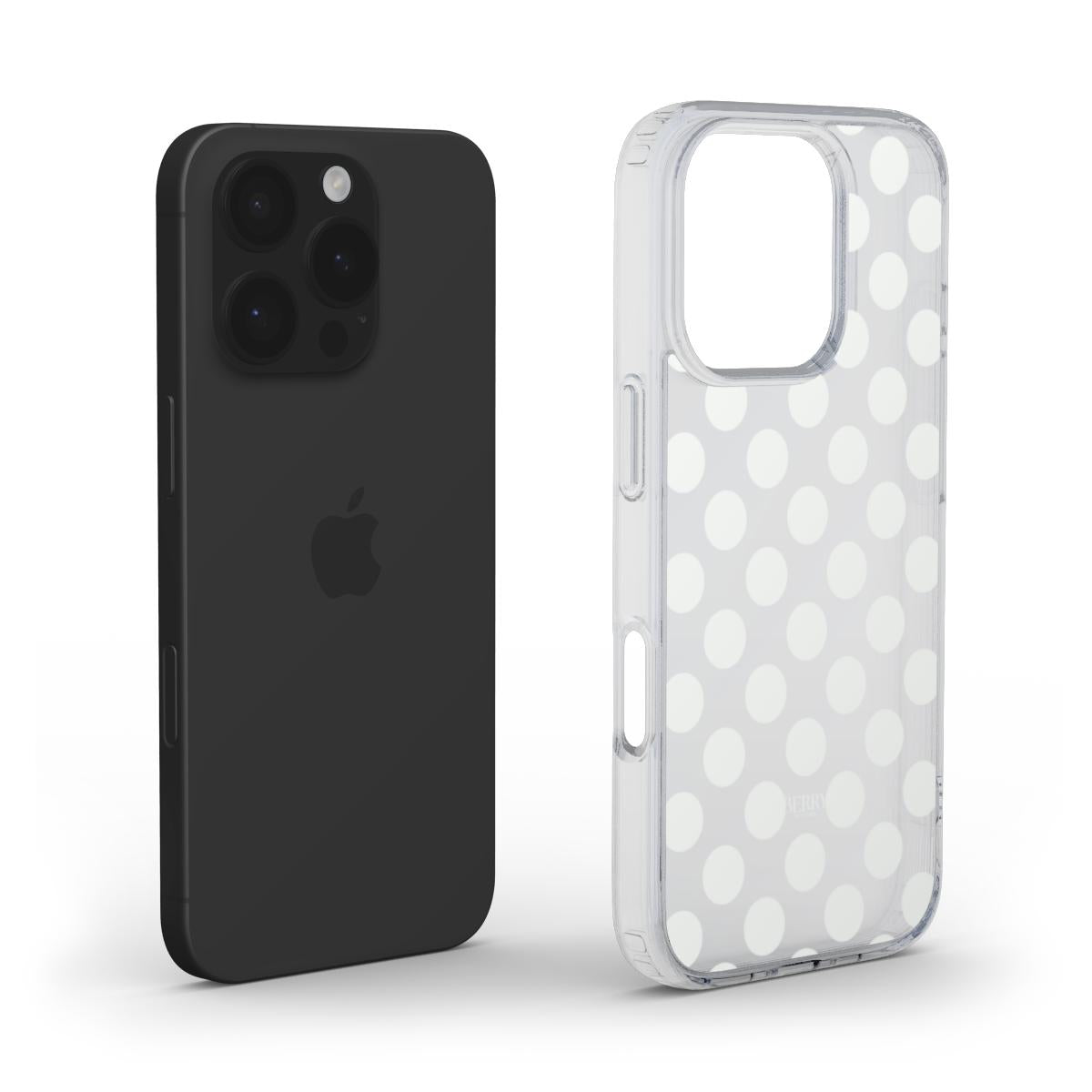Clear transparent phone case with white polka dots beside a black smartphone, showcasing a trendy and feminine design for a stylish look.