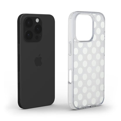 Clear transparent phone case with white polka dots beside a black smartphone, showcasing a trendy and feminine design for a stylish look.
