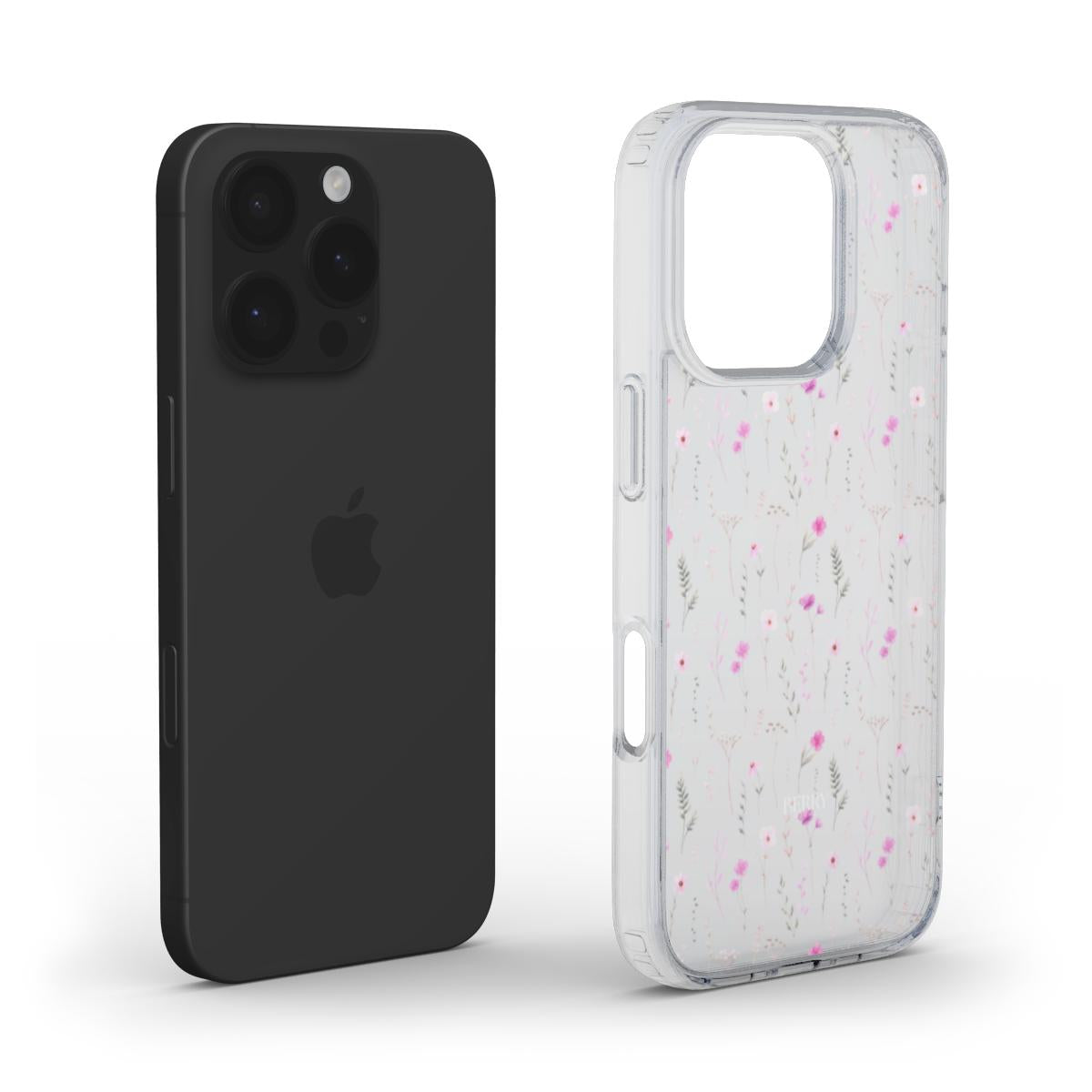 Clear phone case with a colorful floral pattern featuring small pink flowers and delicate green stems, offering a trendy and feminine look.