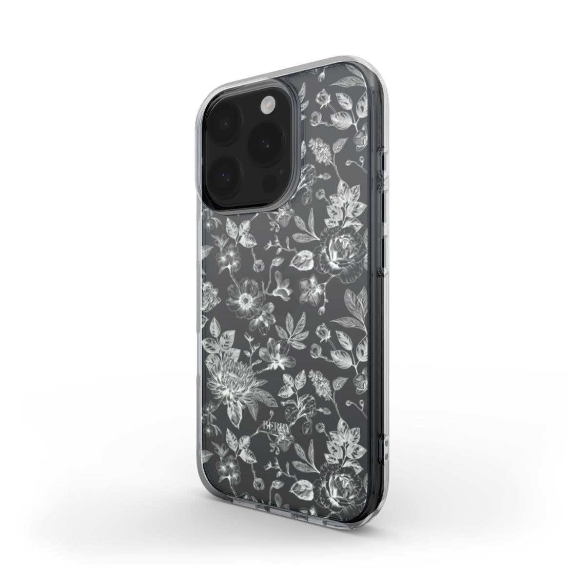 Clear and white phone case with a delicate floral pattern, offering a trendy and feminine aesthetic for a stylish and popular look.