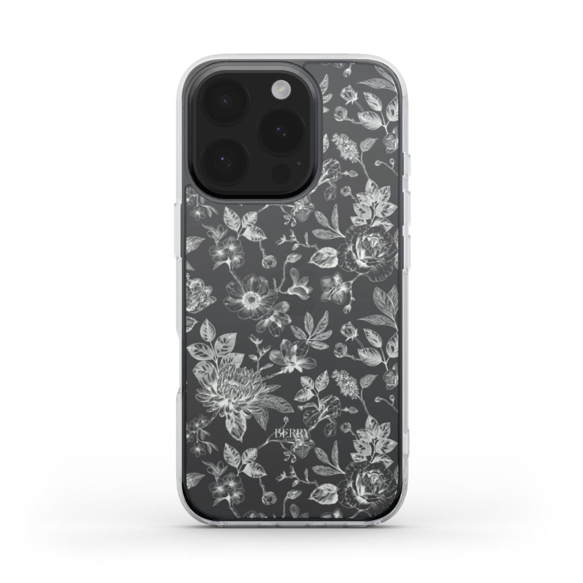 Clear and stylish phone case with elegant white floral pattern on a transparent background, blending feminine and trendy aesthetics for a popular look.