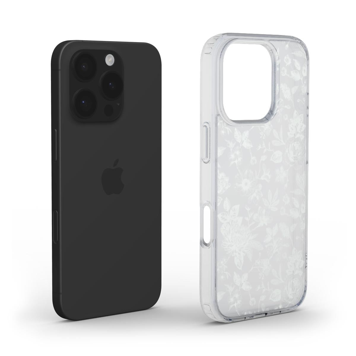 Trendy clear phone case with subtle white floral pattern beside a sleek black smartphone, showcasing a feminine and beautiful design.