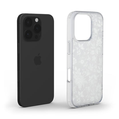 Trendy clear phone case with subtle white floral pattern beside a sleek black smartphone, showcasing a feminine and beautiful design.
