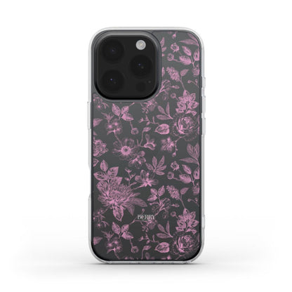 Trendy clear phone case with feminine pink floral pattern, combining aesthetic charm and girly elegance for a beautiful and popular accessory.
