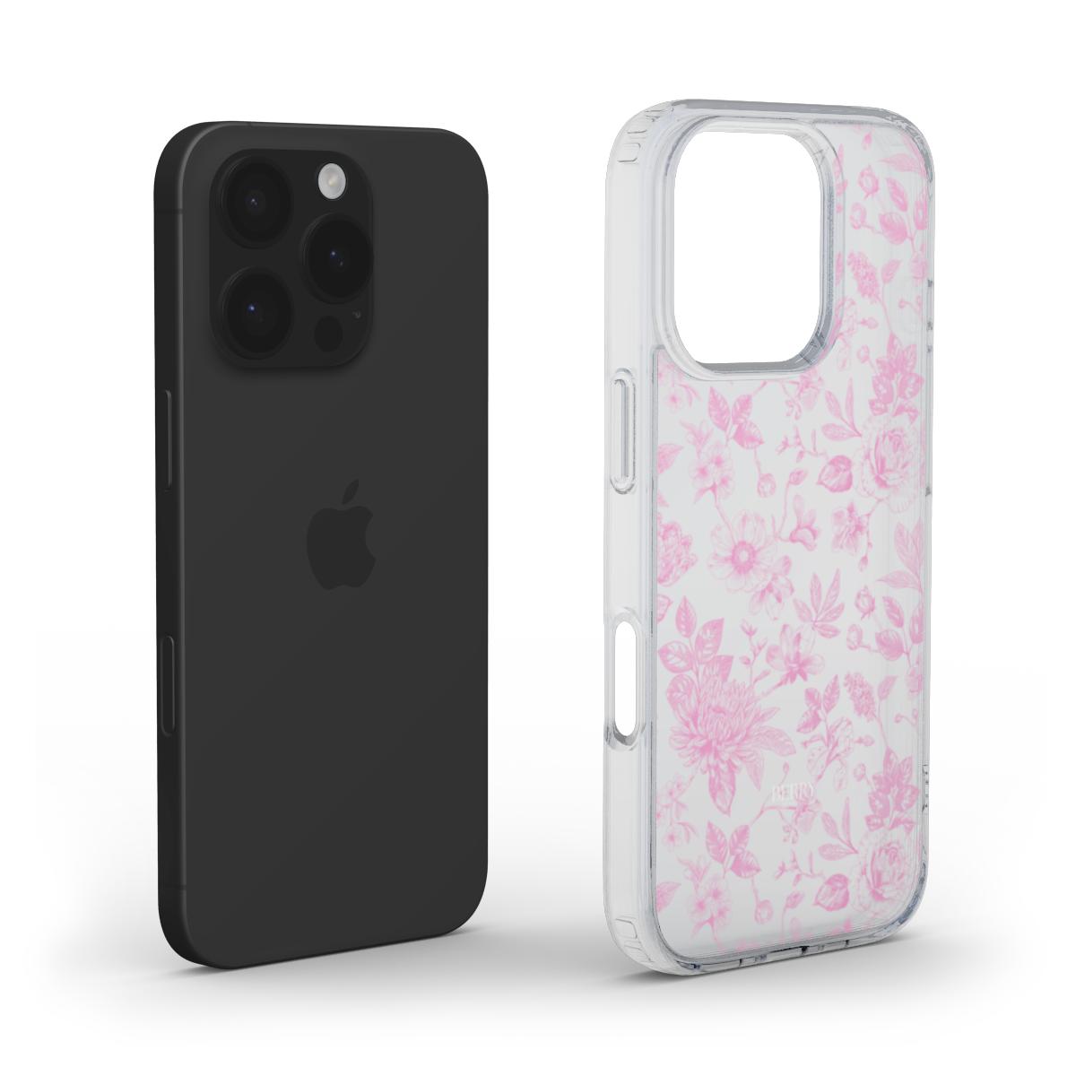 Clear pink phone case with delicate floral pattern next to a sleek black smartphone, combining trendy feminine style with clear protective design.