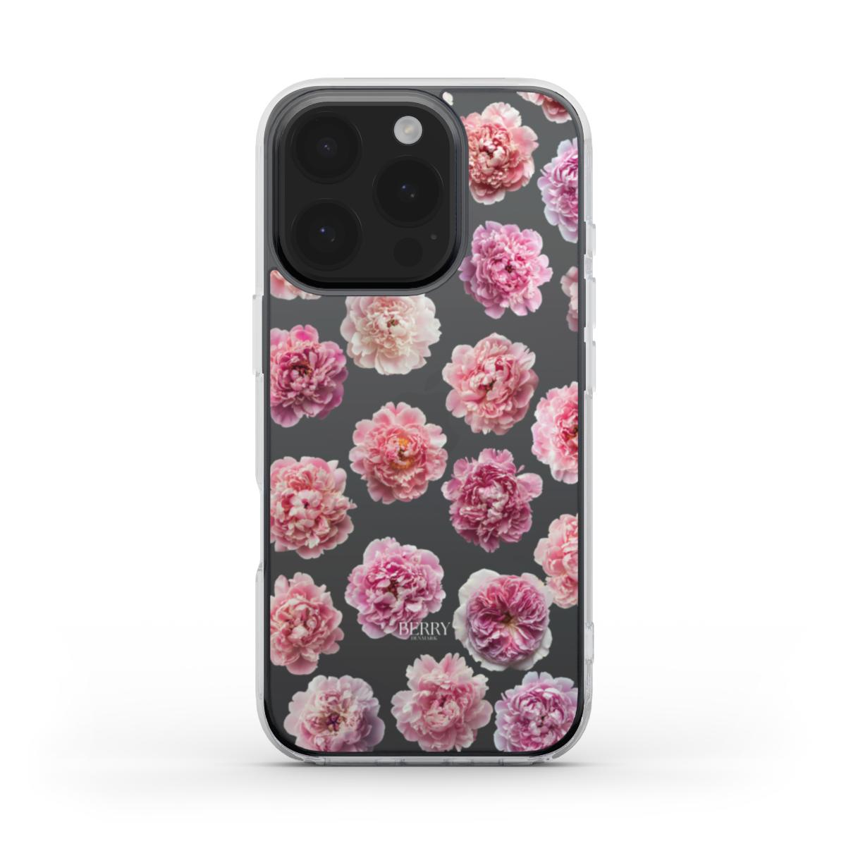 Trendy clear phone case with feminine pink floral pattern, showcasing a beautiful girly and aesthetic design for a popular stylish look.