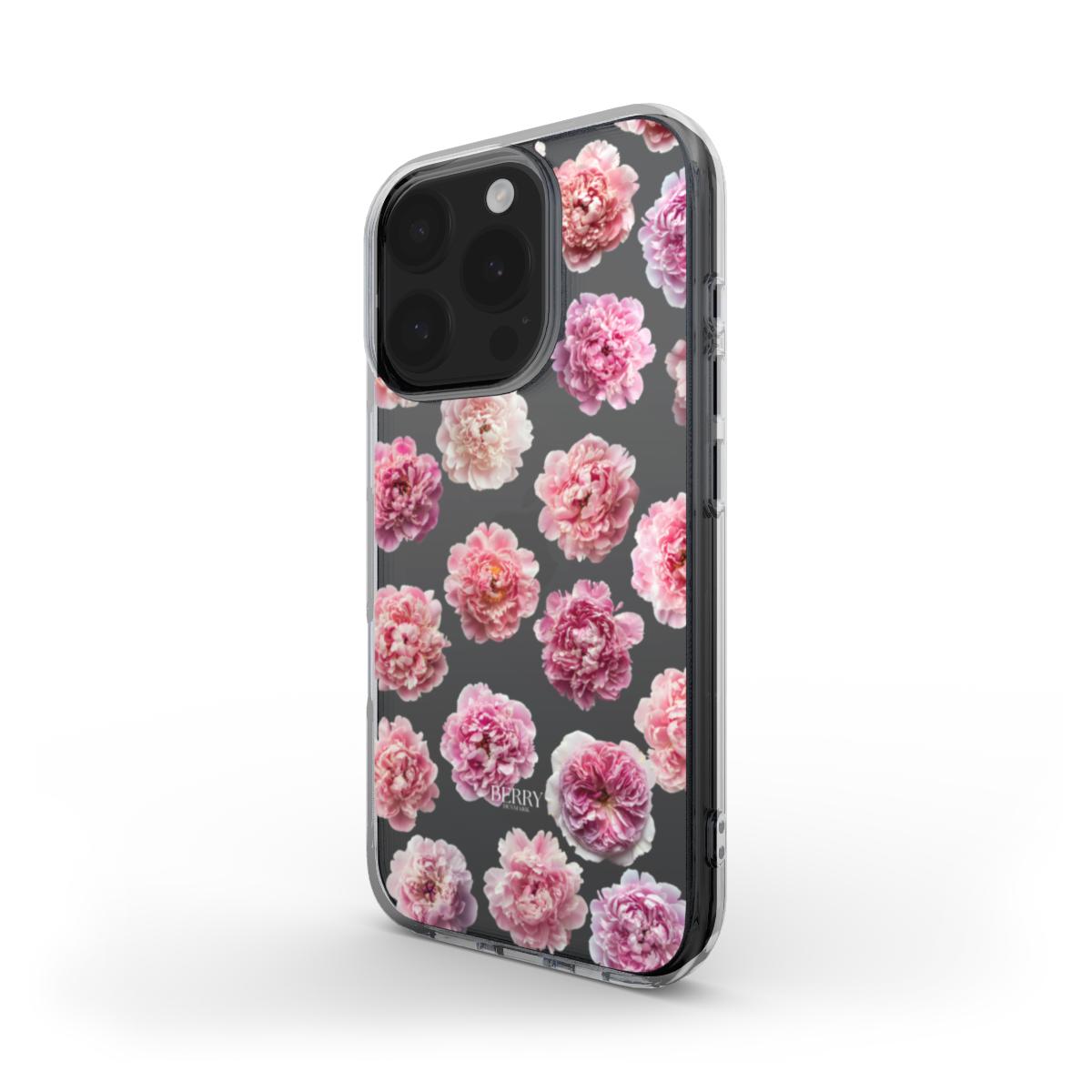 Clear phone case with a trendy pink floral pattern, showcasing feminine and beautiful blooms for a stylish and girly accessory.