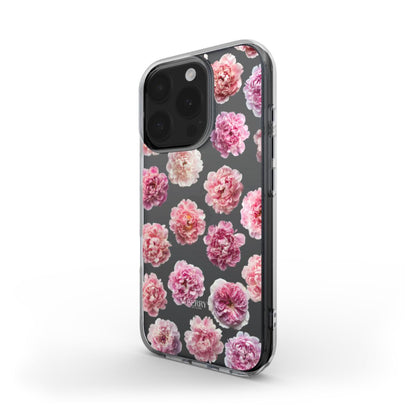 Clear phone case with a trendy pink floral pattern, showcasing feminine and beautiful blooms for a stylish and girly accessory.