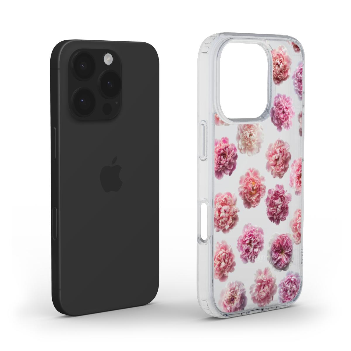 Clear phone case with pink floral pattern, showcasing a trendy, feminine, and beautiful design perfect for that girly aesthetic on a modern smartphone.