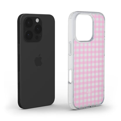 Trendy clear phone case with pink gingham pattern, combining feminine charm and aesthetic appeal for a popular girly look.